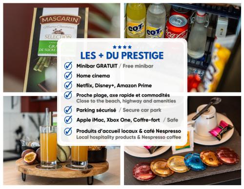 a collage of photos with a sign and a drink at Le Prestige* * * * - Minibar Gratuit - Parking in Saint-Pierre