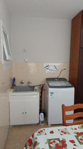 a small kitchen with a sink and a refrigerator at Hospedagem Franzoi in Sao Paulo