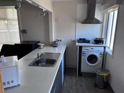 a kitchen with a sink and a washing machine at The Dannebrog Lodge in Devonport