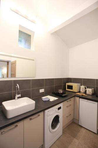une cuisine avec un évier et une machine à laver dans l'établissement Chez Maggy et Léon, à Chambonas