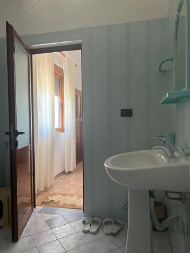 a bathroom with a sink and a mirror at Fori Vodo in Divjakë