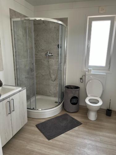 a bathroom with a shower and a toilet and a sink at Vila Olson - Holiday Village Twins in Pakoštane