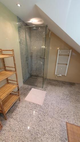 uma casa de banho com um chuveiro e uma janela em Lakeside Hills Apartment, Appartement em Krumpendorf am Wörthersee