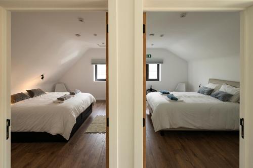 Vakantiehuis Paula في Watervliet: سريرين في غرفة بها نافذتين