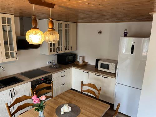 uma cozinha com uma mesa e um frigorífico branco em Pension Alpenrose em Bad Schandau