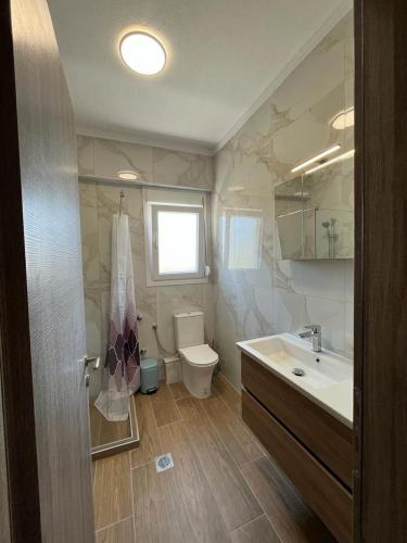 a bathroom with a toilet and a sink and a mirror at Sea Shell in Nikiti