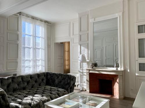 uma sala de estar com um sofá e uma lareira em Hôtel Particulier de Champrond em Chartres