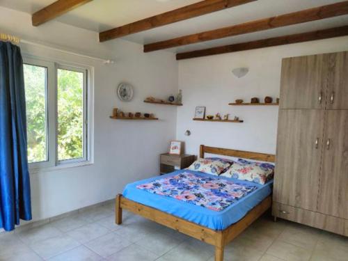1 dormitorio con 1 cama y armario de madera en Vine Veranda, en Palaiochóra