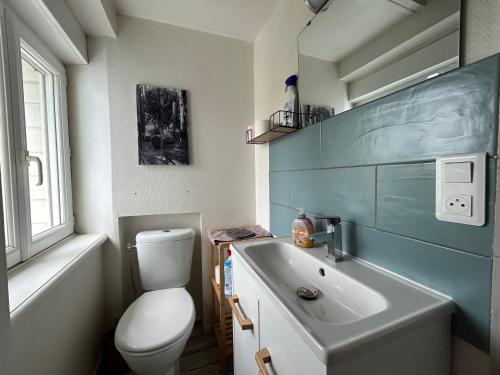 y baño con aseo y lavamanos. en Appartement F1, refait à neuf, 150m de la plage, en Donville-les-Bains