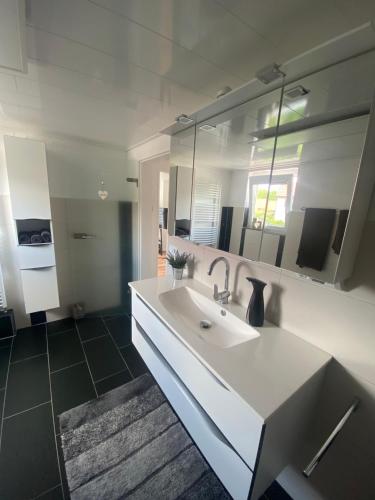 a bathroom with a sink and a large mirror at Ferienhaus Glückszeit bei Goslar in Langelsheim