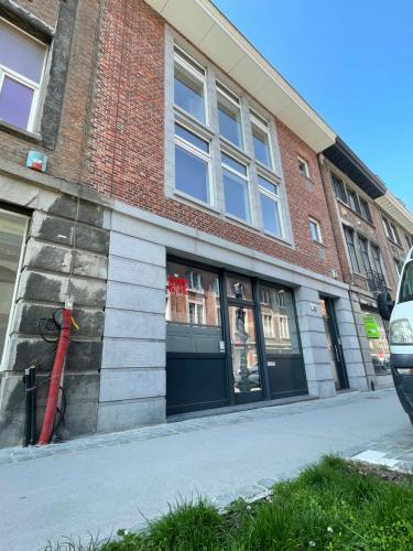a building on a street with a red fire hydrant at Gîte de Tournai - les beaux-arts in Tournai
