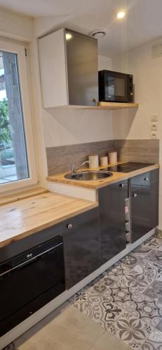 a kitchen with a sink and a microwave at L'arbre dort studio indépendant in Taupont