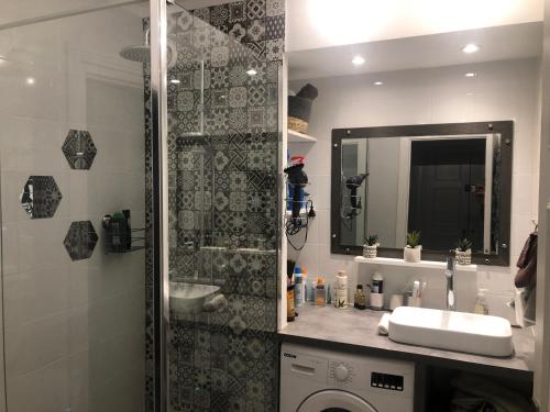 a bathroom with a shower and a sink and a mirror at APPARTEMENT STANDING AVEC PISCINE in Saint-François