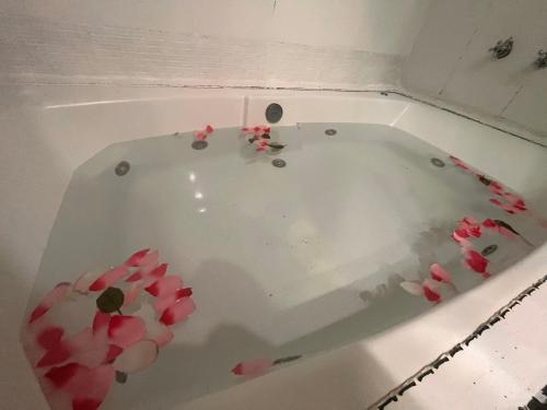 a white bath tub filled with pink flower pedals at Village da Serra in Serra do Cipo