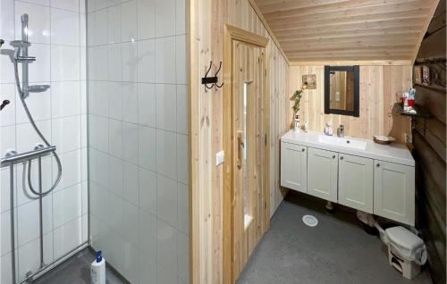 a bathroom with a sink and a toilet and a shower at Awesome Home In Hvringen With Sauna in Høvringen