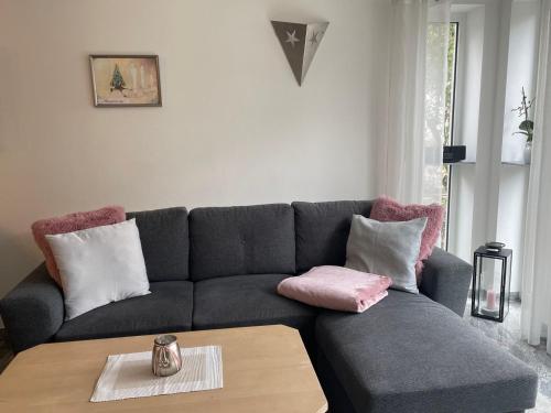 a living room with a gray couch with pillows and a table at Ferienhaus Marktredwitz in Marktredwitz