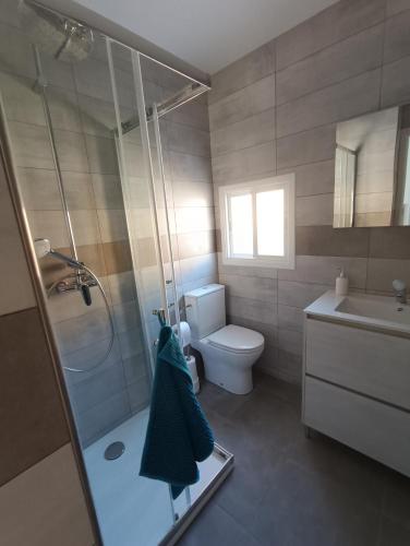 a bathroom with a shower and a toilet and a sink at Entresuelo luminoso cerca de Escaño in Ferrol