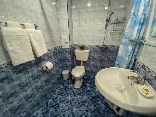 オブゾルにあるApartments Yanaの青いタイル張りのバスルーム(トイレ、シンク付)