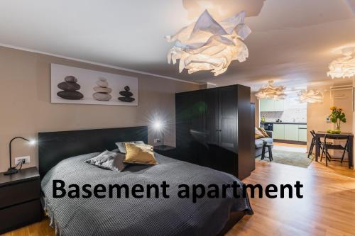 a bedroom with a bed and a chandelier at Vila Valentina in Ljubljana