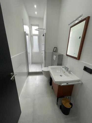 Un baño con lavabo, inodoro y espejo. en Ferienapartment Essen, en Essen