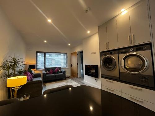 a kitchen and living room with a washer and dryer at Winnie's Lodge in Galway