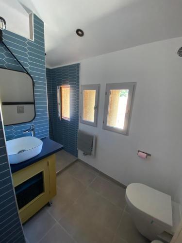 une salle de bain avec un lavabo et des toilettes dans l'établissement Appartement atypique sous les toits d'Avignon au cœur de l'intra-muros avec parking, à Avignon