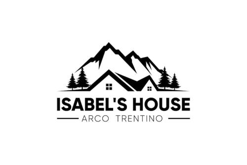 a logotype of a cabin in the mountains with a house and trees at Isabel's House in Arco