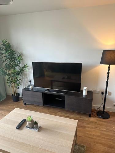 a living room with a large flat screen tv at Entire 2 bedroom flat in London