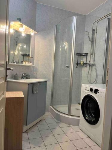 een badkamer met een douche en een wasmachine bij Appartement Centre Annemasse, direct tram Geneve in Annemasse