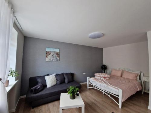 una sala de estar con un sofá y una cama en Seaside Vitolu street Apartment, en Liepāja
