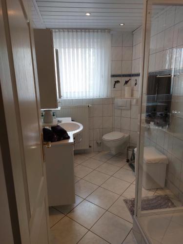 a bathroom with a toilet and a sink at Ferienwohnung Leni erstes OG inkl Balkon Gartenblick kostenfreier Parkplatz stadtnah aber ruhig gelegen in Meppen