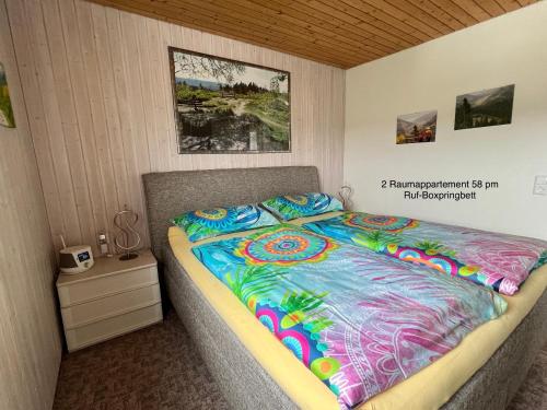 a bed with a colorful comforter in a bedroom at 2-1 - Raum - Ferienappartements Dieter Hoffmann Freudenstadt-Kniebis beim Nationalpark in Freudenstadt