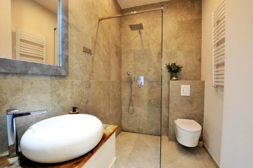 a bathroom with a toilet and a glass shower at Apartament Szeroka Old Town in Gdańsk