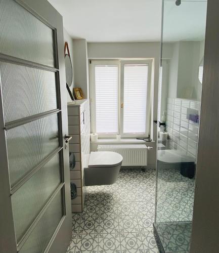 a bathroom with a toilet and a sink and a shower at Vintner Suites in Neustadt an der Weinstraße
