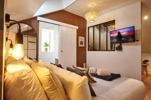 a living room with a couch and a tv at Appart-hôtel de standing avec jacuzzi privatisable en option in Périgueux