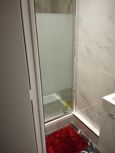 a shower with a glass door and a red rug at chambre proche de stade de france in Pierrefitte-sur-Seine