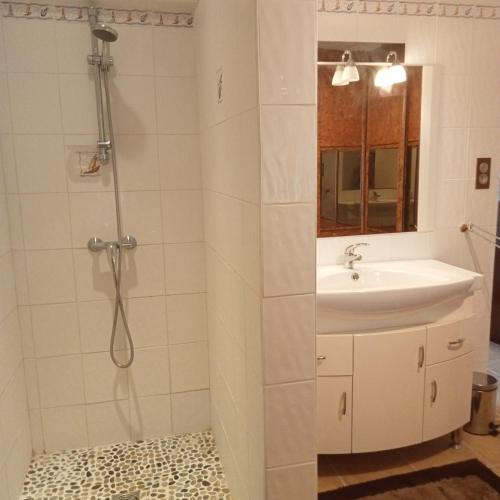 une salle de bain avec douche et lavabo dans l'établissement Maison La Belvérine, à Beauvoir-sur-Mer