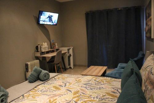 a bedroom with a bed and a tv on the wall at Ikamu's lodge in Germiston