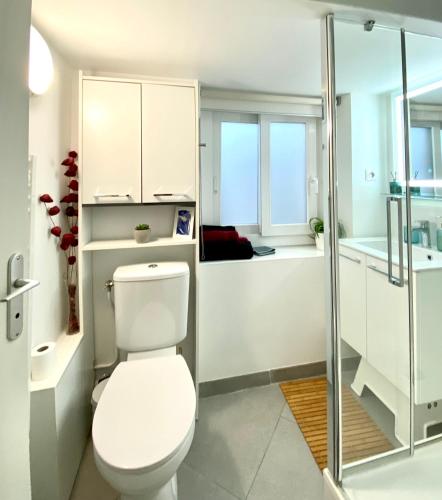 a white bathroom with a toilet and a shower at Duplex Cosy au Cœur du Vieux-Nice in Nice