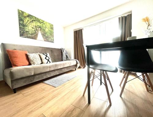 a living room with a couch and a piano at Apartament Goplańska FREE PARKING in Poznań