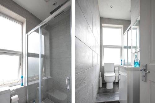 two pictures of a bathroom with a toilet and a shower at Large Modern Apartment with Garden Sleeps 10 Guests in London