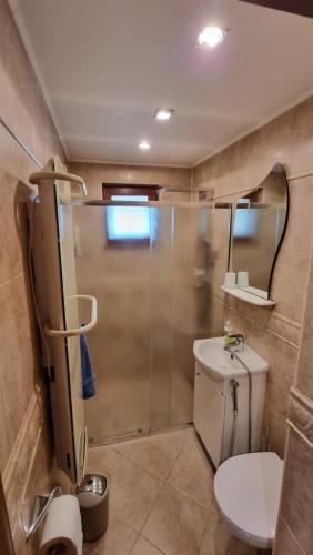 a bathroom with a shower and a toilet and a sink at Coffee Apartment in Varna City