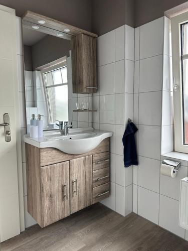 a bathroom with a sink and a mirror at Haus Wijnen in Bad Bentheim