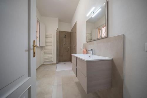 a bathroom with a sink and a mirror and a shower at GHIRLANDINA - Fantastico loft in centro città in Modena
