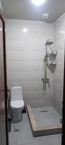 a bathroom with a white toilet and a shower at Green Side - Olegi in Batumi