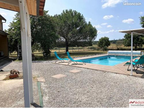 due sedie blu sedute accanto alla piscina di Chambre + SDB + Piscine a Grenade-sur-Garonne