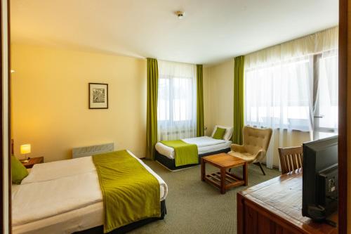 a hotel room with two beds and a television at Musala Hotel in Borovets