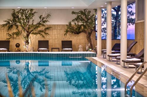 uma piscina com cadeiras e árvores num hotel em BV Grand Hotel Assisi em Assis