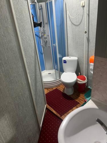 a bathroom with a toilet and a shower and a sink at Lovely home for you in Osh