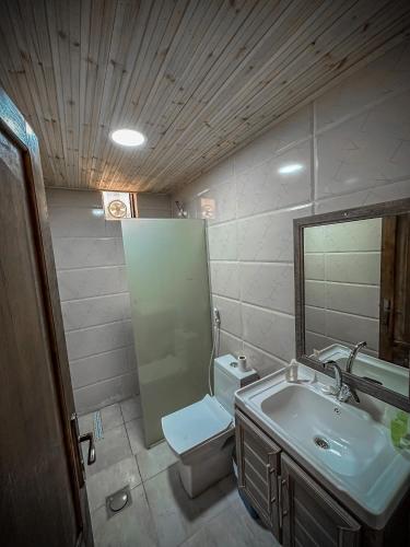 a bathroom with a sink and a toilet and a mirror at Sun Luxury Rum Camp in Wadi Rum